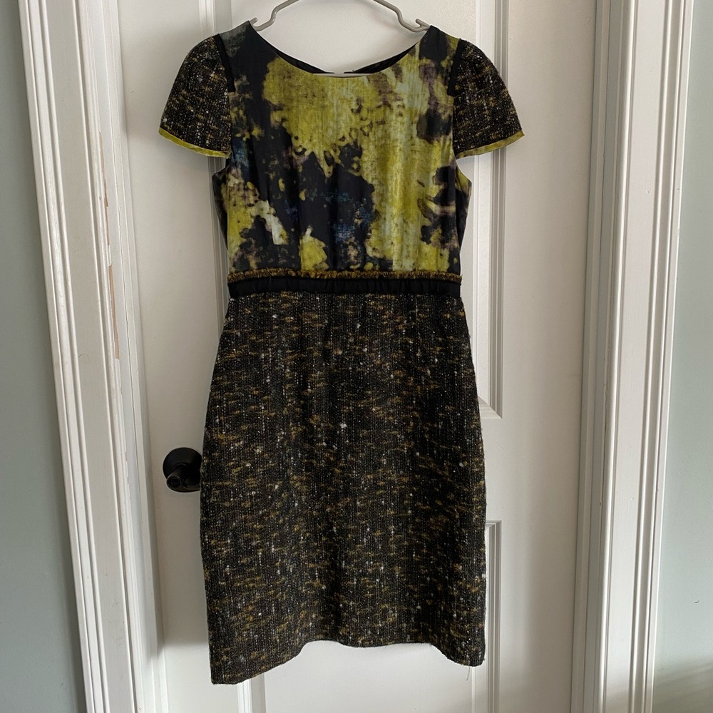 Elie Tahari Mixed Medium Silk and Wool Black and Yellow Patterned Dress